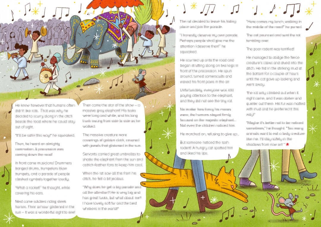 The Rat and the Elephant spread page for Storytime Magazine, 2025