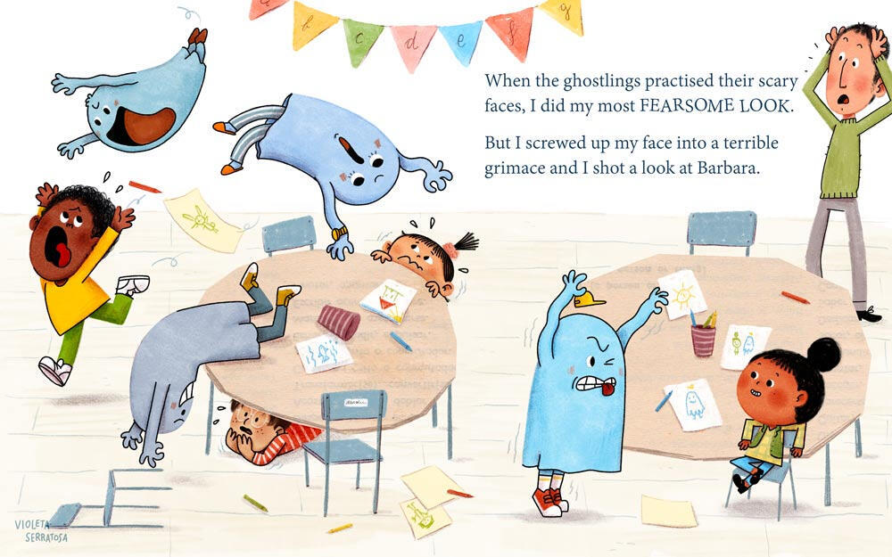 Spread for The Giggling Ghost by Zoë Tucker and illustrated by Violeta Serratosa. ©Violeta Serratosa. All Rights Reserved